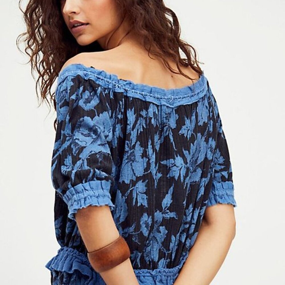 Free People Perfect Day Tie-Front Top Button Down Blue Black Floral Blouse XS